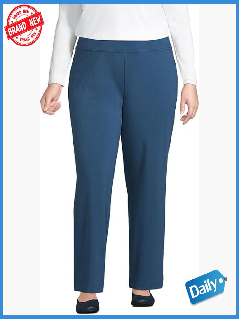 Mid Rise Straight Leg Pull On Pants Cotton Spandex Stretch